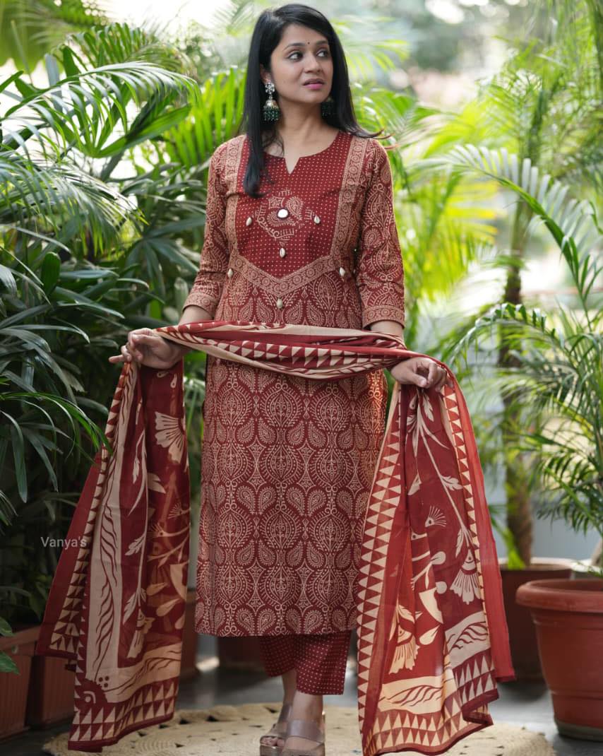 Maroon Printed Cotton Suit Set
