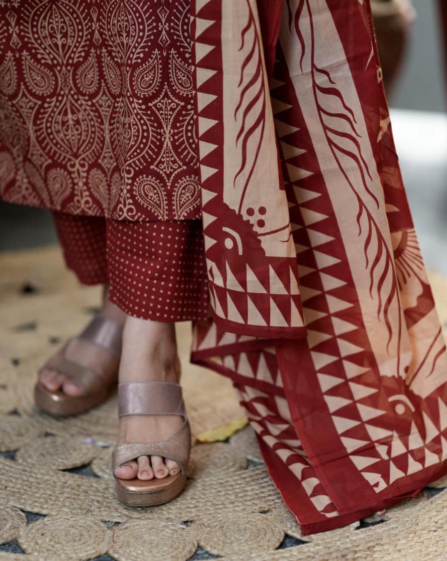 Maroon Printed Cotton Suit Set