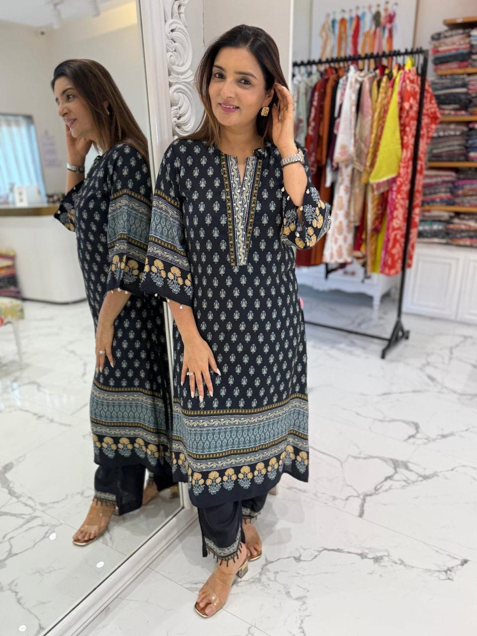 Navy Blue Printed Cotton Suit Set