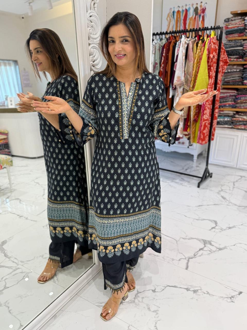 Navy Blue Printed Cotton Suit Set