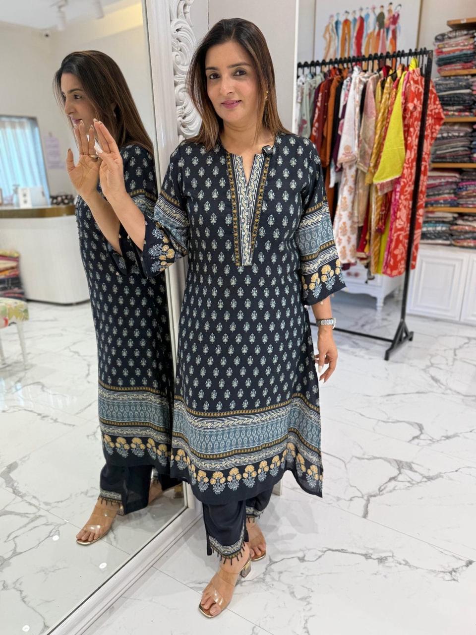 Navy Blue Printed Cotton Suit Set